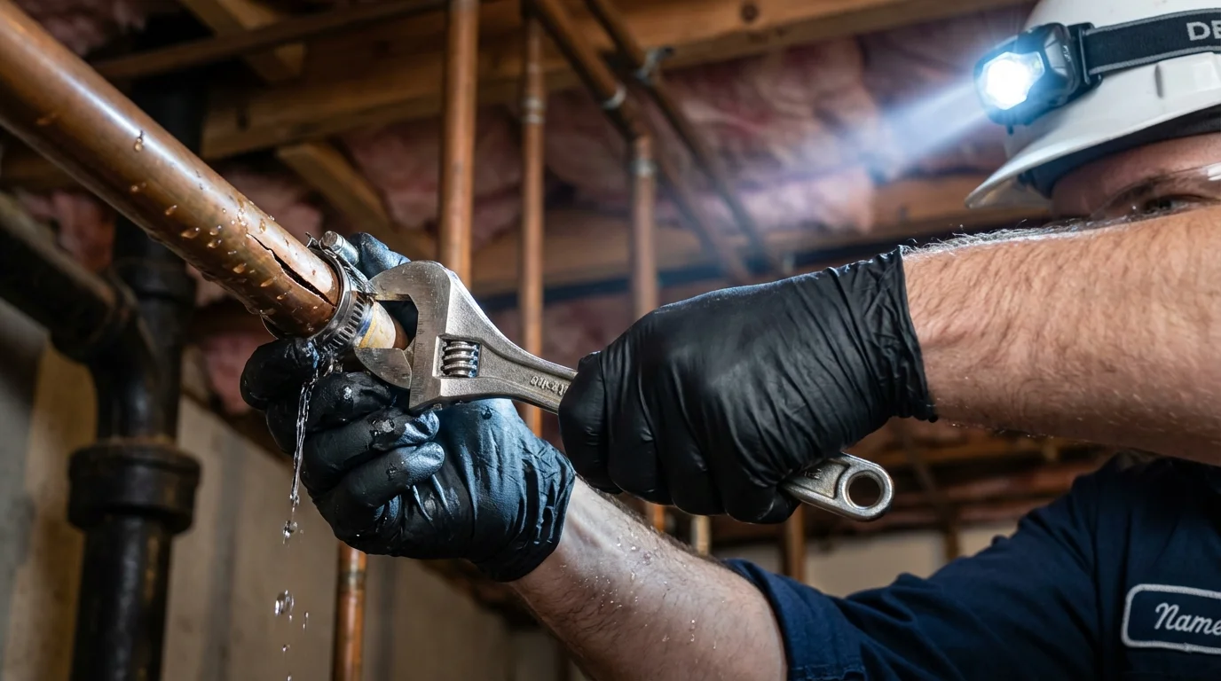 Emergency pipe clamp repair being performed by a Johns Plumbing LLC plumber in Cedaredge